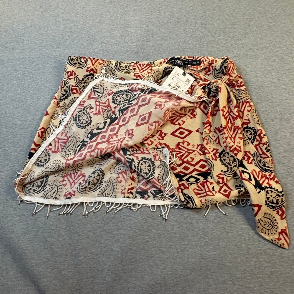 Zara Red Paisley Beaded Fringe Mini Wrap Skirt NWT 1165/158 L - Picture 7 of 12